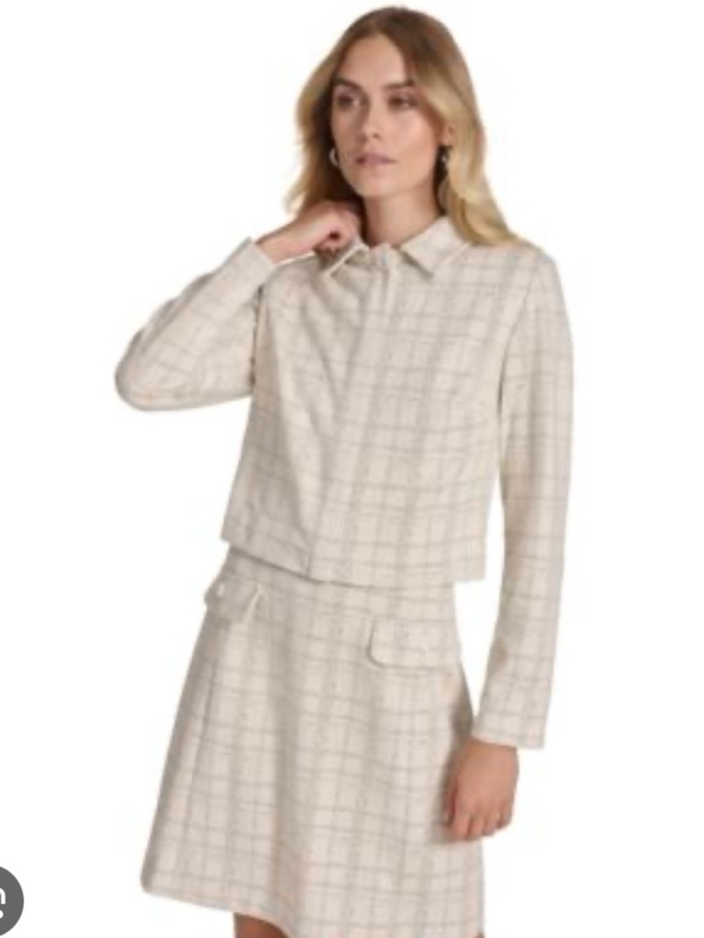 Calvin Klein Cream Plaid Jacket & Skirt Set with Silver Threading